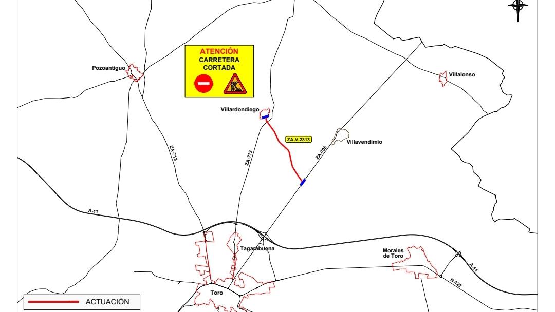 Corte de carretera ZA-V-2313 con motivo de las obras de pavimentación en la calzada