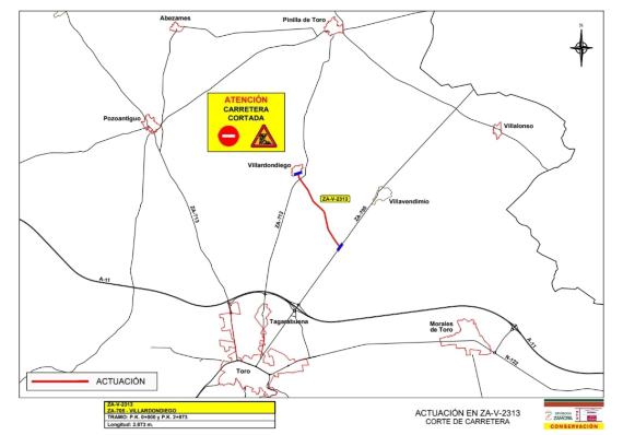 Corte de carretera ZA-V-2313 con motivo de las obras de pavimentación en la calzada