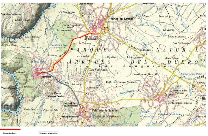 Zona de obras en la carretera Fariza-Mámoles e itinerario alternativo